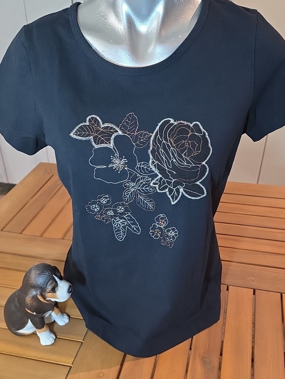 Rafaella Black Short-Sleeve Tee with White Floral Embroidery Design